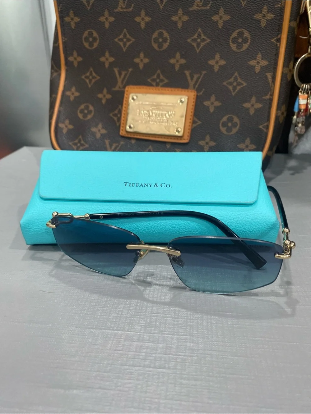 Tiffany & Co. TF 3114 Rectangle Rimless Sunglasses Blue w Tiff Case